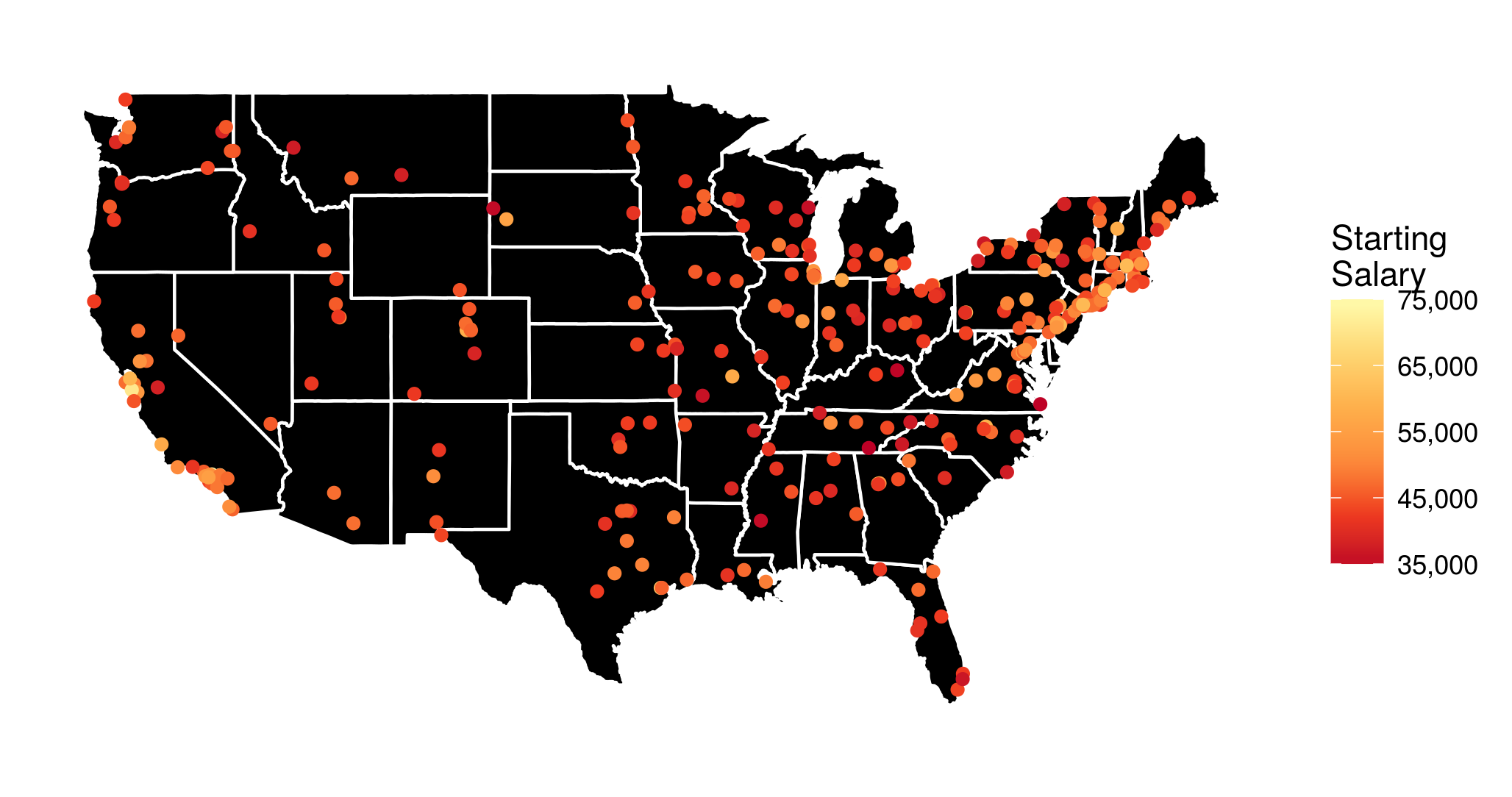 Visualization of starting salaries by college